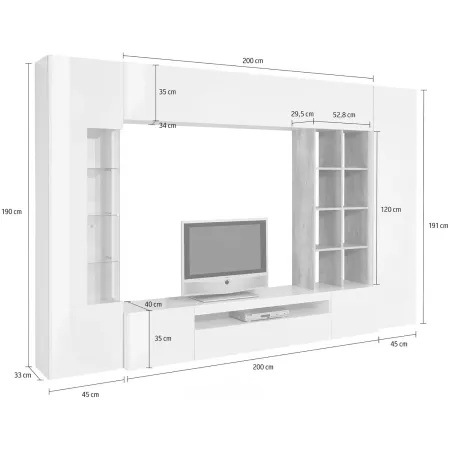 Parete Attrezzata TV Moderna 290 cm in Legno Bianco Lucido Cemento