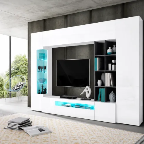 Parete da Soggiorno Mobile TV Vetrina Pensili 290 cm Bianco Report