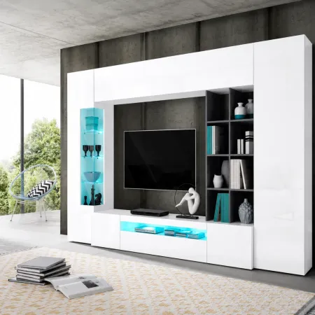 Parete da Soggiorno Mobile TV Vetrina Pensili 290 cm Bianco Report