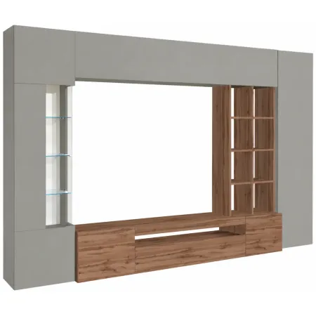 Parete Attrezzata TV Vetrina Pensili 290 cm in Legno Tortora Rovere