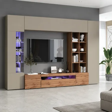 Parete Attrezzata TV Vetrina Pensili 290 cm in Legno Tortora Rovere