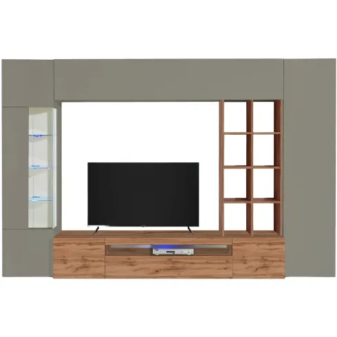 Parete Attrezzata TV Vetrina Pensili 290 cm in Legno Tortora Rovere