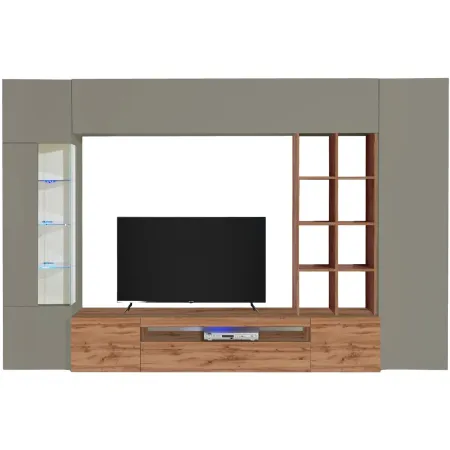 Parete Attrezzata TV Vetrina Pensili 290 cm in Legno Tortora Rovere