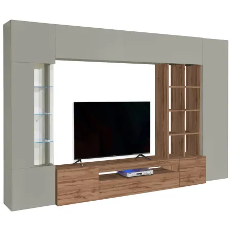 Parete Attrezzata TV Vetrina Pensili 290 cm in Legno Tortora Rovere