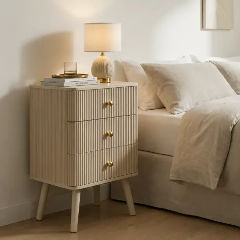 Comodino 3 Cassetti Bianco Pomelli Oro in Legno MDF Camera da Letto