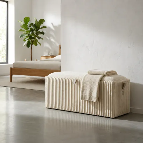 Pouf Panca Contenitore Bianco Imbottito Mdf Poliestere Camera da Letto