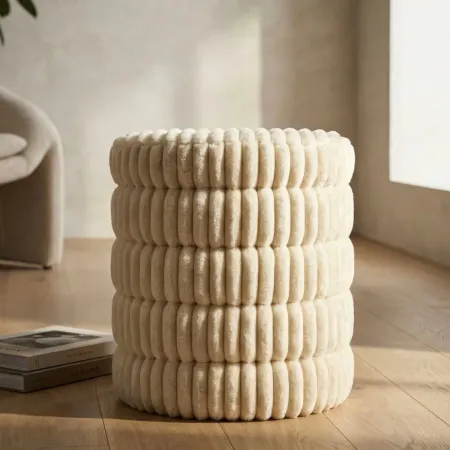 Pouf Letto Divano Bianco Rotondo Imbottito Mdf Poliestere Morbido