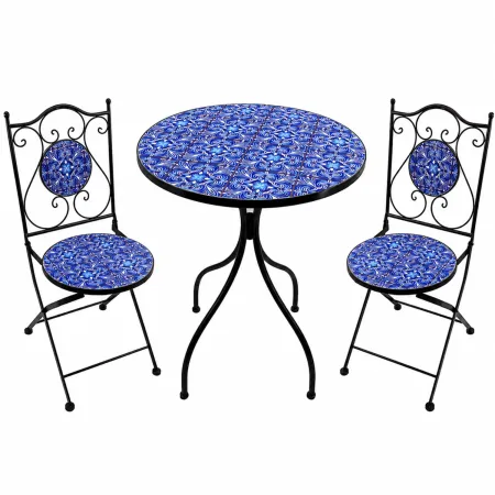 Set Tavolo 60x60 2 Sedie Pieghevoli da Esterno Ceramica Fantasia Blu