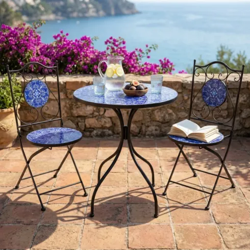 Set Tavolo 60x60 2 Sedie Pieghevoli da Esterno Ceramica Fantasia Blu