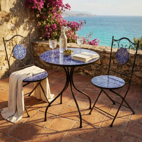 Set Tavolo 60x60 2 Sedie Pieghevoli da Esterno Ceramica Fantasia Blu
