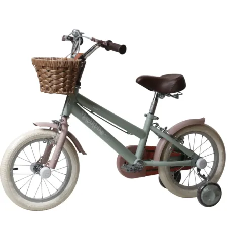 Bicicletta 14" Bambini Verde Regolabile Rotelle Cestino Freni Caliper