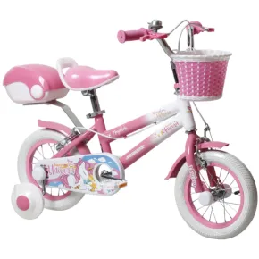Bicicletta per Bambini 12" Unicorno Rosa Bianco con Rotelle Cestino