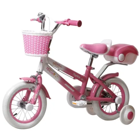 Bicicletta per Bambini 12" Unicorno Rosa Bianco con Rotelle Cestino