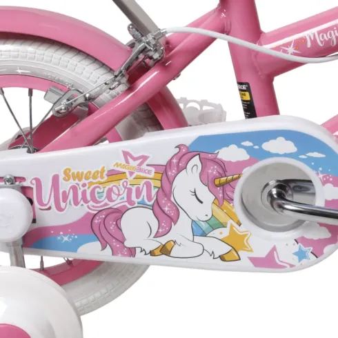 Bicicletta per Bambini 12" Unicorno Rosa Bianco con Rotelle Cestino