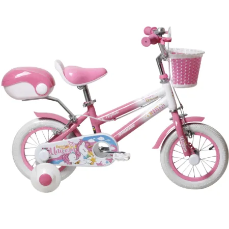 Bicicletta per Bambini 12" Unicorno Rosa Bianco con Rotelle Cestino