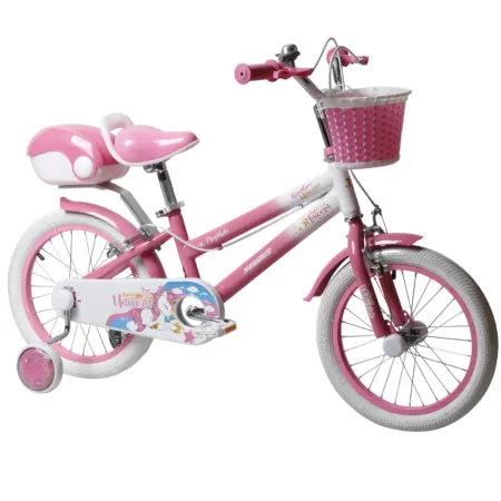 Bicicletta per Bambini 14" Unicorno Rosa Bianco Regolabile con Rotelle