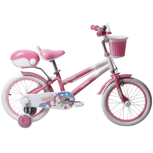 Bicicletta per Bambini 14" Unicorno Rosa Bianco Regolabile con Rotelle