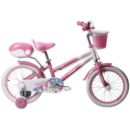Bicicletta per Bambini 14" Unicorno Rosa Bianco Regolabile con Rotelle