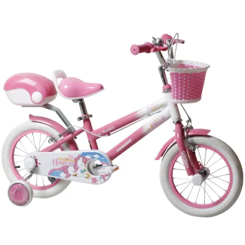 Bicicletta per Bambini 16" Regolabile Unicorno Rosa Rotelle Removibili