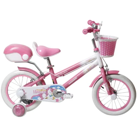 Bicicletta per Bambini 16" Regolabile Unicorno Rosa Rotelle Removibili