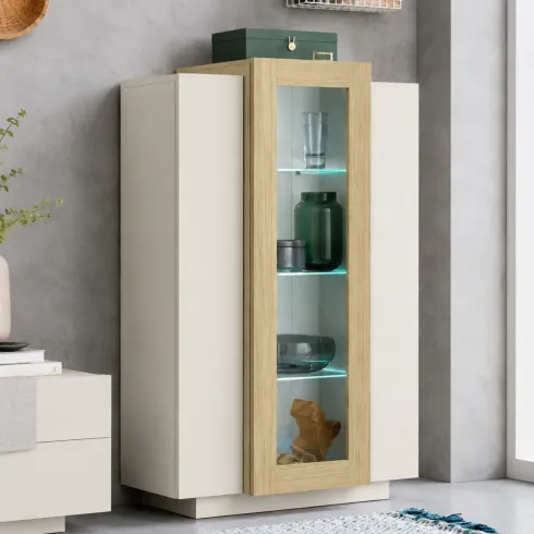 Vetrina Mobile da Soggiorno 3 Ante Beige Rovere Vetro Moderna 5 Ripiani