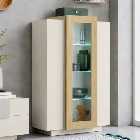 Vetrina Mobile da Soggiorno 3 Ante Beige Rovere Vetro Moderna 5 Ripiani