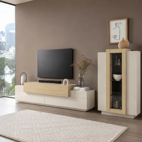 Vetrina Mobile da Soggiorno 3 Ante Beige Rovere Vetro Moderna 5 Ripiani