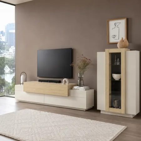 Vetrina Mobile da Soggiorno 3 Ante Beige Rovere Vetro Moderna 5 Ripiani