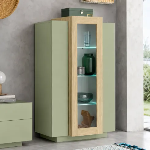 Vetrina Mobile 3 Ante Verde Salvia Rovere Moderna 5 Ripiani Soggiorno