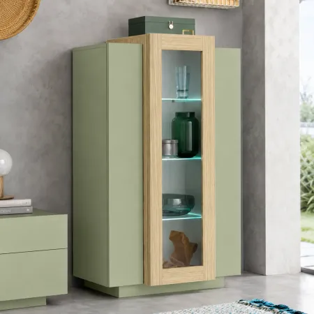 Vetrina Mobile 3 Ante Verde Salvia Rovere Moderna 5 Ripiani Soggiorno