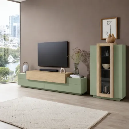 Vetrina Mobile 3 Ante Verde Salvia Rovere Moderna 5 Ripiani Soggiorno
