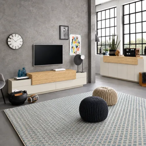 Credenza da Cucina Soggiorno Beige Rovere 5 Ante Battenti Ribalta