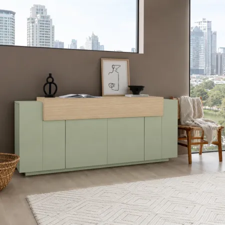 Credenza Cucina Soggiorno Verde Salvia Rovere 5 Ante Battenti Ribalta