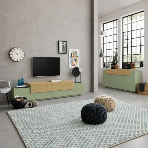 Credenza Cucina Soggiorno Verde Salvia Rovere 5 Ante Battenti Ribalta