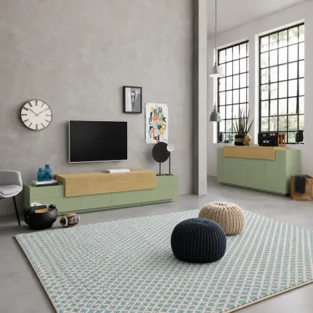 Credenza Cucina Soggiorno Verde Salvia Rovere 5 Ante Battenti Ribalta