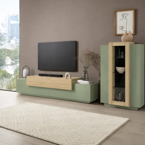 Mobile TV da Appoggio 200 cm 3 Ante a Ribalta Verde Salvia Rovere