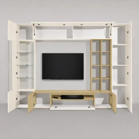 Parete Soggiorno Attrezzata Porta TV Vetrina Libreria Beige Rovere
