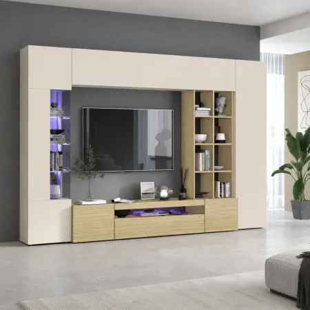 Parete Soggiorno Attrezzata Porta TV Vetrina Libreria Beige Rovere