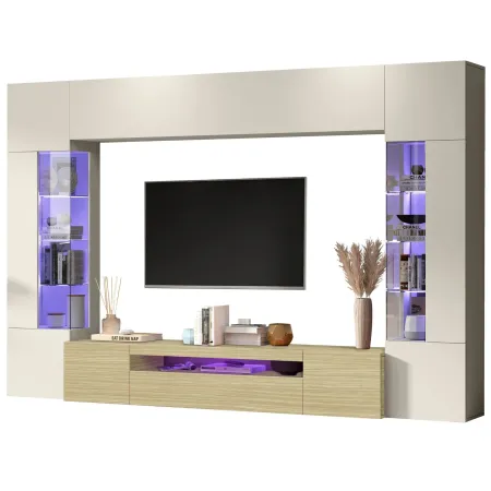 Parete Attrezzata 2 Vetrine Porta TV Libreria Beige Rovere Soggiorno