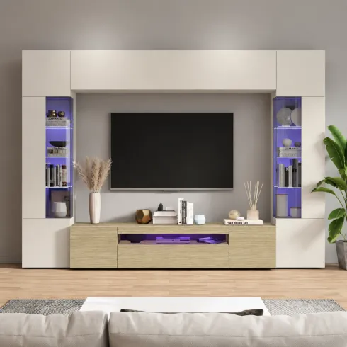 Parete Attrezzata 2 Vetrine Porta TV Libreria Beige Rovere Soggiorno