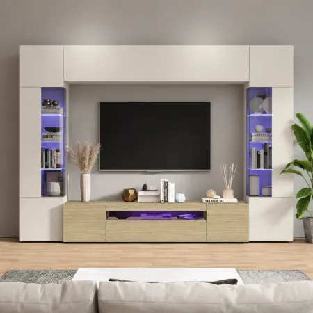 Parete Attrezzata 2 Vetrine Porta TV Libreria Beige Rovere Soggiorno
