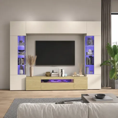 Parete Attrezzata 2 Vetrine Porta TV Libreria Beige Rovere Soggiorno
