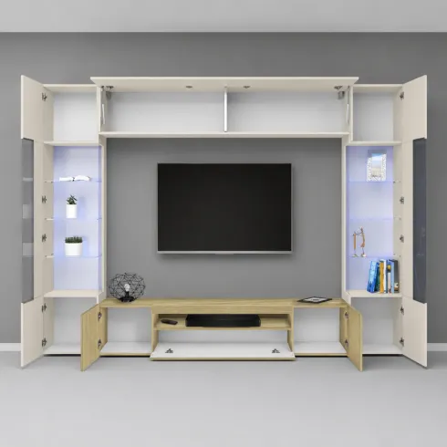 Parete Attrezzata 2 Vetrine Porta TV Libreria Beige Rovere Soggiorno