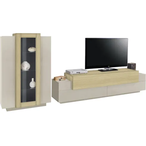 Parete Attrezzata Soggiorno 280 cm Porta TV Vetrina Legno Beige Rovere
