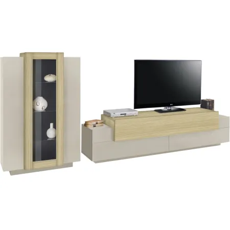 Parete Attrezzata Soggiorno 280 cm Porta TV Vetrina Legno Beige Rovere