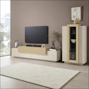 Parete Attrezzata Soggiorno 280 cm Porta TV Vetrina Legno Beige Rovere 2