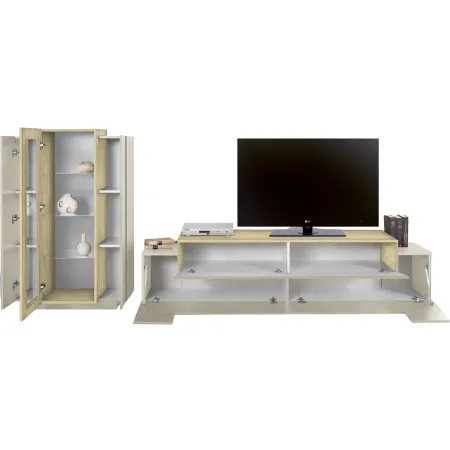 Parete Attrezzata Soggiorno 280 cm Porta TV Vetrina Legno Beige Rovere
