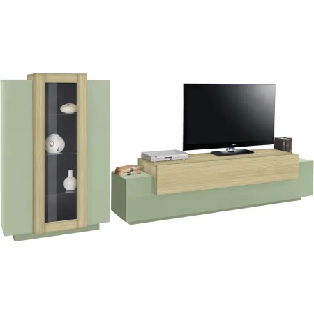 Parete Attrezzata Soggiorno 280 cm Verde Salvia Rovere Porta TV Vetrina