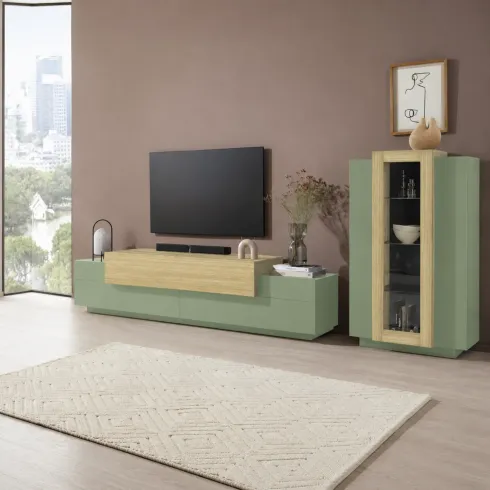 Parete Attrezzata Soggiorno 280 cm Verde Salvia Rovere Porta TV Vetrina