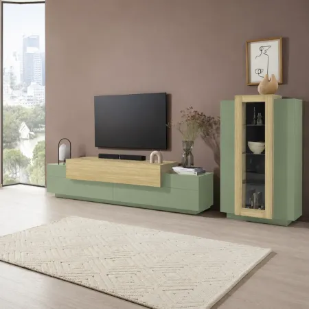 Parete Attrezzata Soggiorno 280 cm Verde Salvia Rovere Porta TV Vetrina